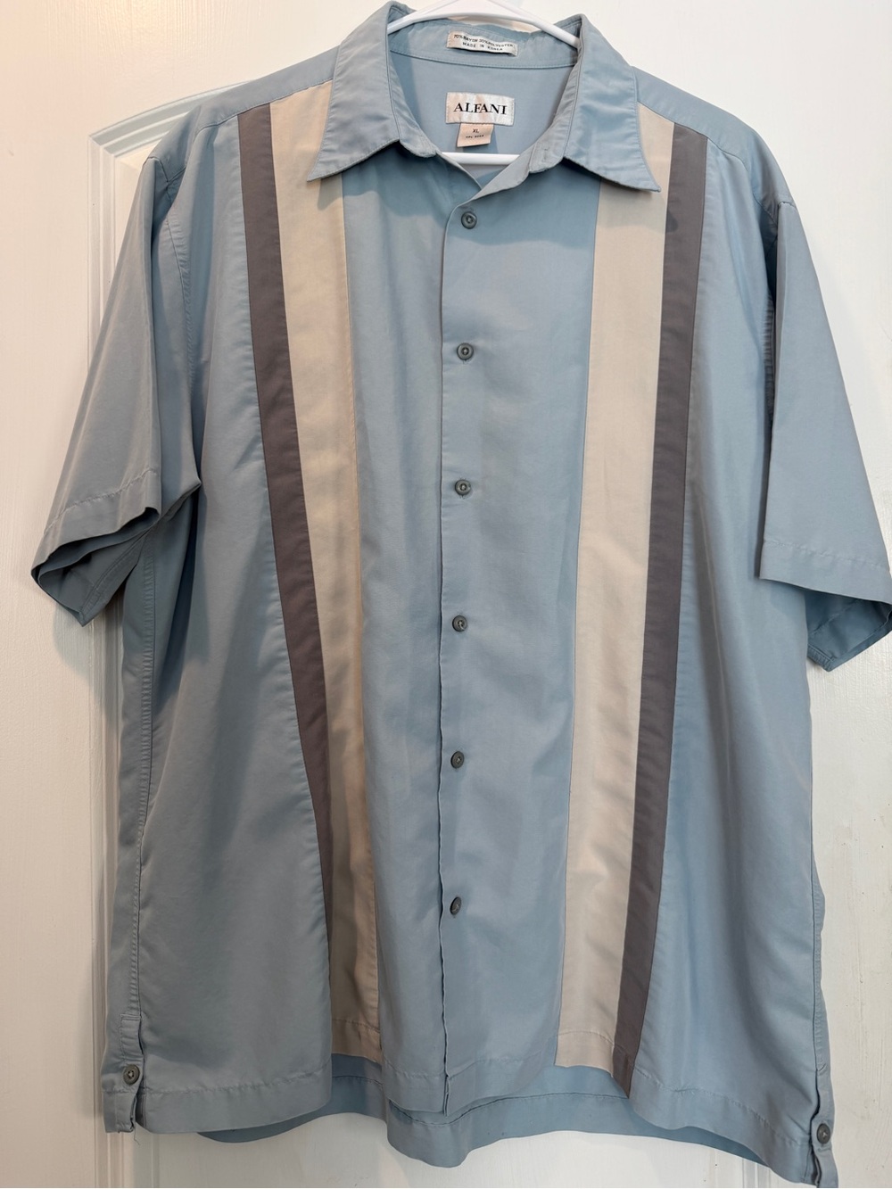 Alfani Light Blue Short-Sleeve Button-Down with Vertical Beige and Gray Stripes
